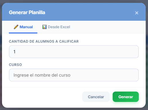 Visualización de la ventana modal Formulario Manual